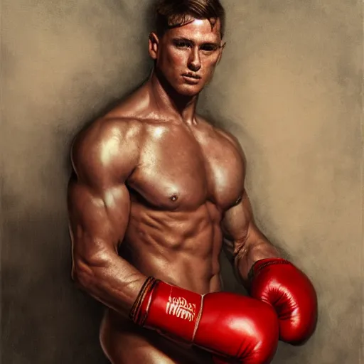 Image similar to handsome portrait of a young guy fitness posing, war hero, flexing, wearing red boxing gloves, hibiscus flower accent, radiant light, caustics, by gaston bussiere, bayard wu, greg rutkowski, giger, maxim verehin