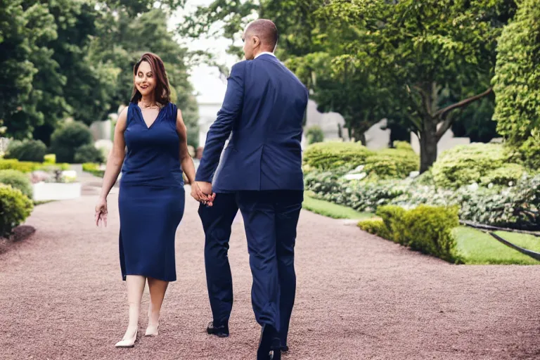 Prompt: beautiful 3 5 year old female president alone in the white house rose garden with her two boyfriends, holding hands, professional photo, dslr, bokeh, romantic