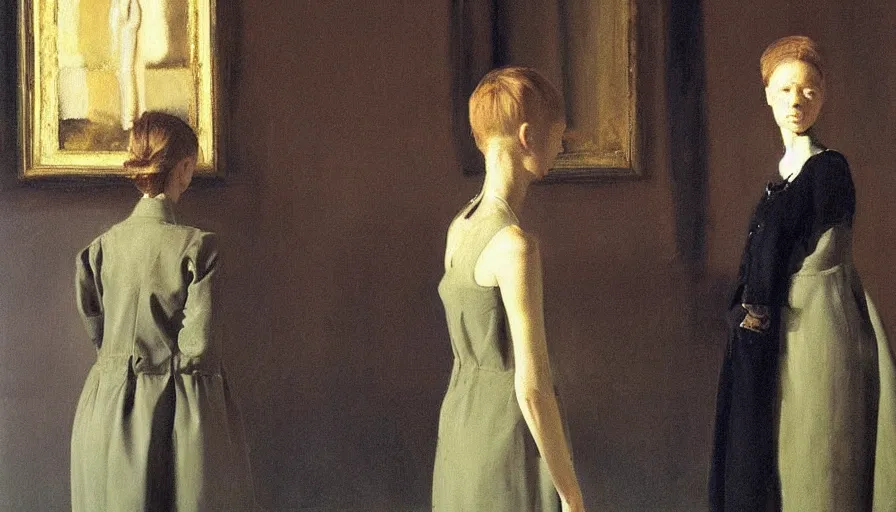 Prompt: painting by borremans, queen in a hall with mirrors on the walls, detailed, stunning