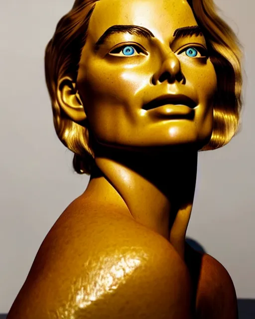 Prompt: a beautiful lively sculpture of margot robbie made from honey, backlit, refraction, warm lighting masterpiece