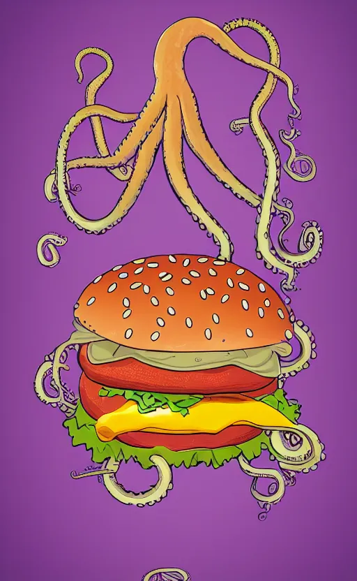 Image similar to highly detailed illustration of octopus holding burger, tentacles wrapped around hamburger, poster, symmetrical, 8 k, trending