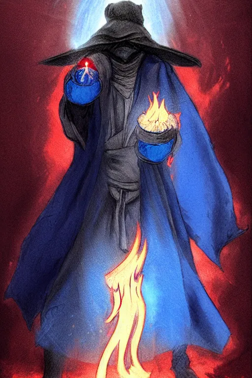 Image similar to a pencil smear sketch of a plague doctor with a blue wizard robe holding his right hand out with fire coming off of it, as a d & d character, blue robe, magical, red highlights, hip hop aesthetic, concept sheet, painting by gaston bussiere, demon slayer, akiri toriyama, dramatic lighting, professional manga style, anime