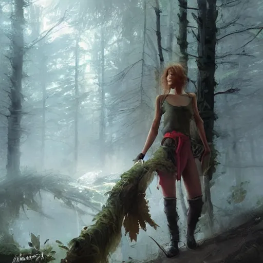 Image similar to rebecca romijn walking in the woods digital art by ruan jia and mandy jurgens and artgerm, highly detailed, trending on artstation, award winning