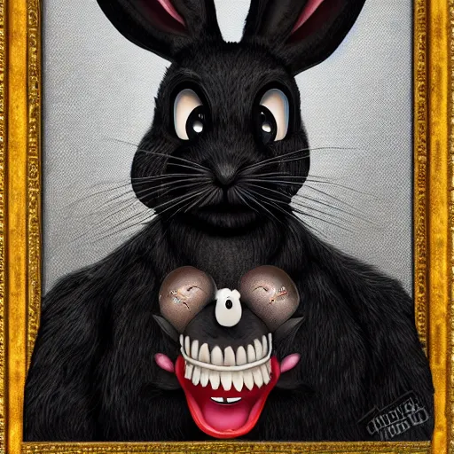 Image similar to A extremely highly detailed majestic hi-res beautiful, highly detailed head and shoulders portrait of a scary terrifying, horrifying, creepy black cartoon rabbit with scary big eyes, earing a shirt laughing, hey buddy, let's be friends, in the style of Walt Disney