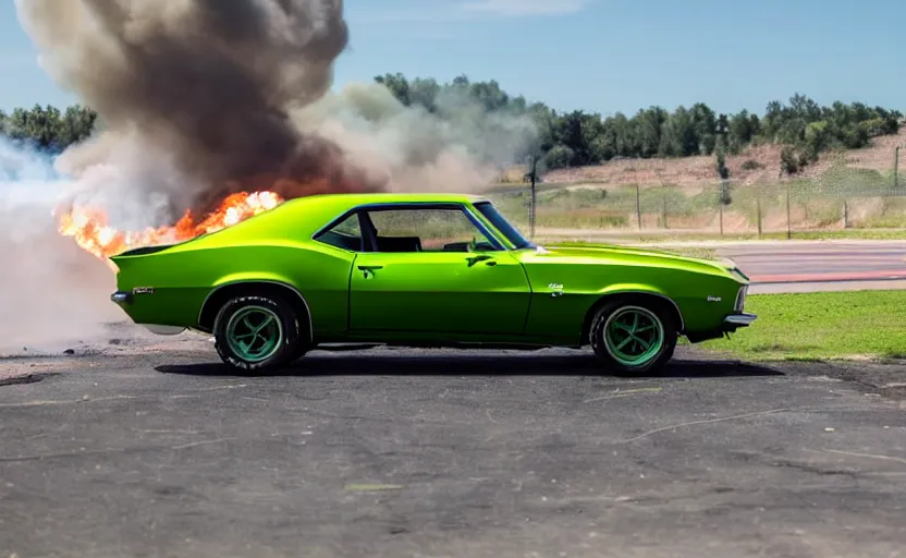 Prompt: a green 1 9 6 9 chevrolet camaro zl driving i high speed, fire explosion in the background