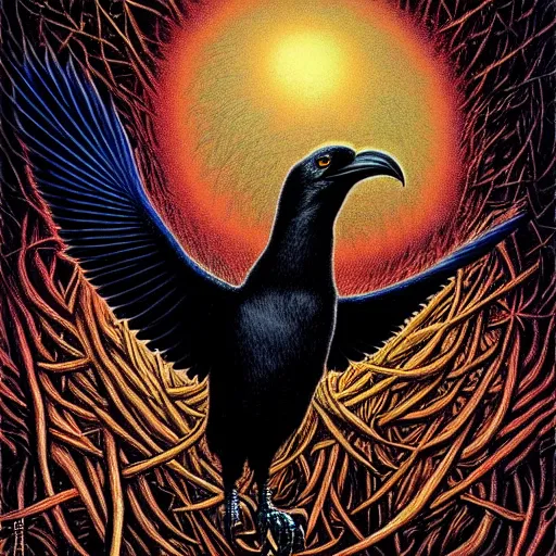 Prompt: artistic drawing of a surreal crow, made of engrenage by gerald brom and johfra bosschart, visionary, detailed, realistic, surreality