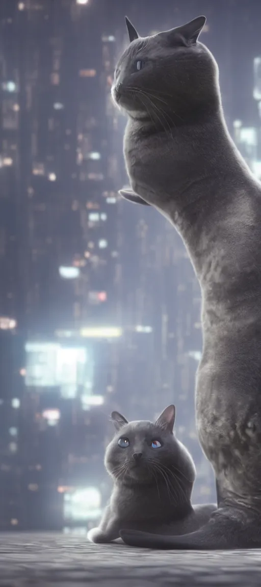 Image similar to black seal hugging gray cat, romantic in cyberpunk world, dramatic, cinematic footage, volumetric iight, octan render 4 k