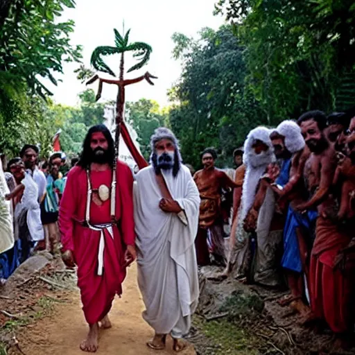 Image similar to jesus dressed as a hindu god, walking with lord shiva in a village