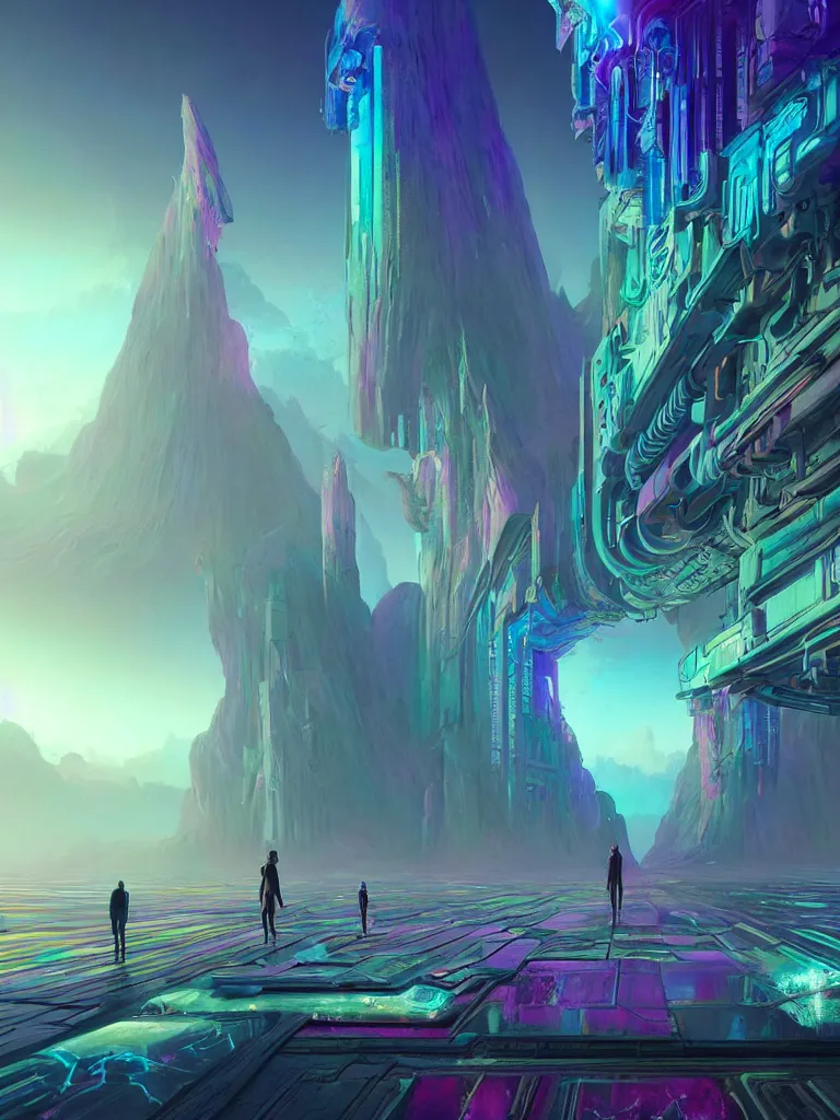 Image similar to entrance to ethereal realm, rendered in unreal engine, central composition, symmetrical composition, dreamy colourful cyberpunk colors, 6 point perspective, fantasy landscape with anthropomorphic!!! terrain!!! in the styles of igor morski, jim warren, and rob gonsalves, intricate, hyperrealistic, volumetric lighting, big sky, distinct horizon