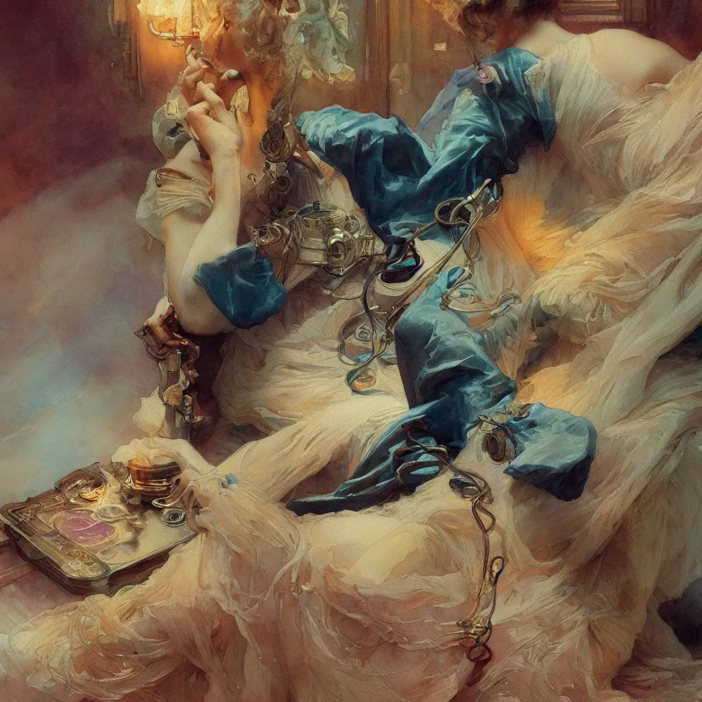 Prompt: a beautiful watercolor painting of a telephone, intricate, elegant, highly detailed, digital painting, artstation, concept art, art by delphin enjolras and alphonse mucha, smooth, sharp focus, dynamic lighting, ultrarealistic, cinematic, octane render, 8 k