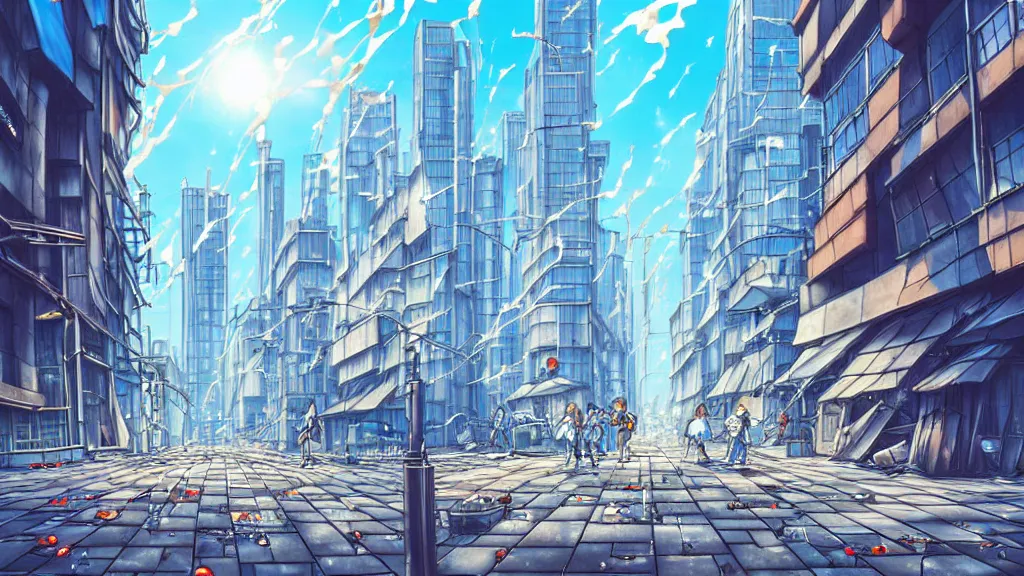 Prompt: a high detailed realistic astonishing wide lens street image, skyscrappers are melting on the sun, melted glass and steel on the street, drops of melted steel, anime cartoon by hayao miyazaki, cartoonish style