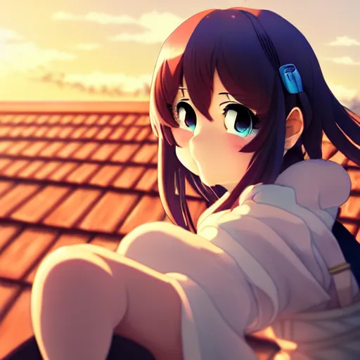 Image similar to digital anime art in the style of netflix arcane, cute female ninja sitting on an old japanese roof at golden hour, soft azure blue eyes, sincere smile, close up, wlop, ilya kuvshinov, backlit