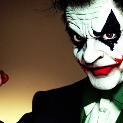 Prompt: rowan atkinson playing as joker from batman, photography, medium - shot