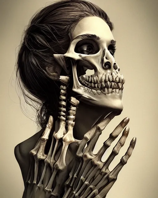 Image similar to Portrait of a woman with a skeletal hand on her face, digital art by DZO Oliver and Alex Nino and Randy Ortiz, intricate, elegant, highly detailed, digital painting, artstation, concept art, smooth, sharp focus, illustration