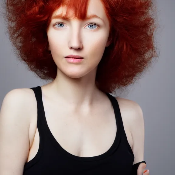 Image similar to portrait of a plain looking young white female model red hair and uneven skintone and a round shaped face