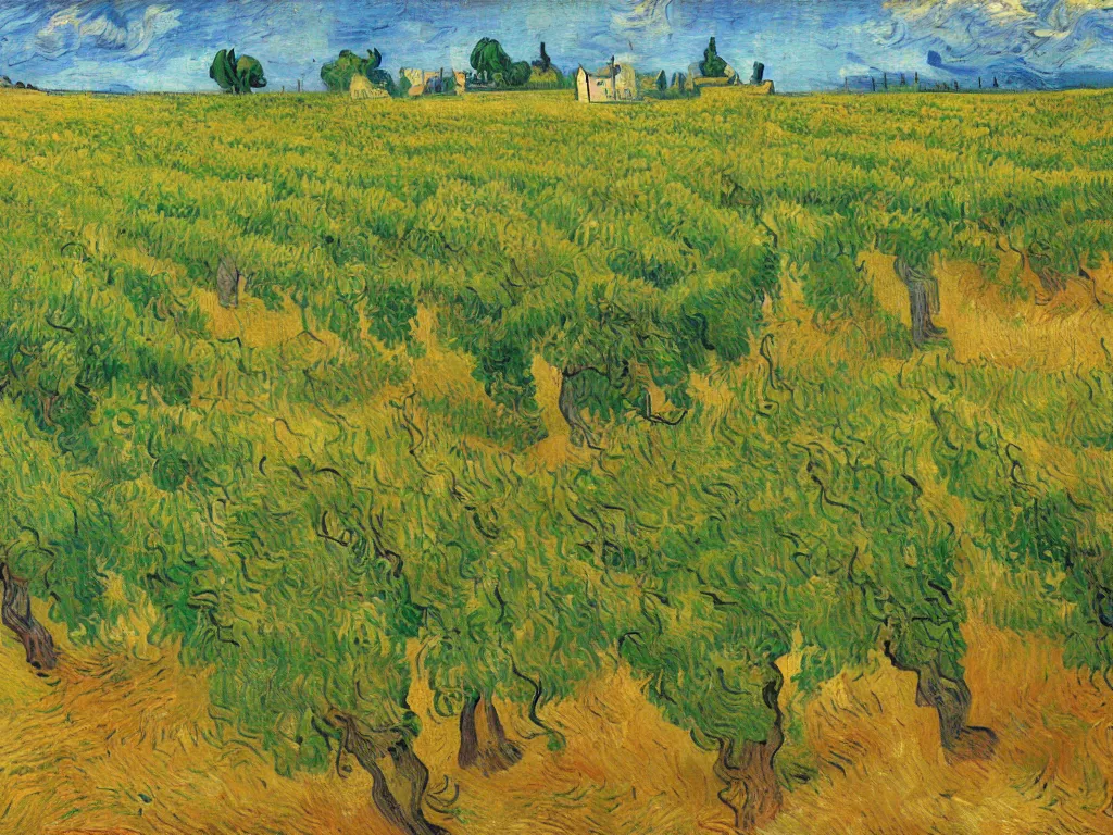 Image similar to trending on artstation, an idyllic vineyard, oil on canvas, in the style of Vincent van Gogh