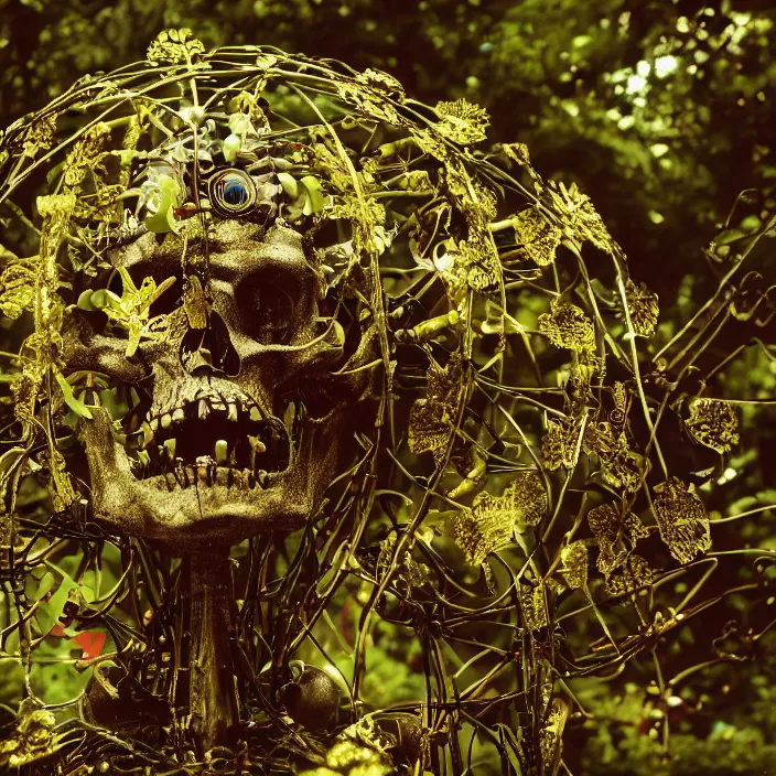 Image similar to overgrown foliage over a robotic bio skeleton, close - up, 3 5 mm, f 1. 8, bokeh, beautiful, lens flare, emotional, sweet, flowers, detailed, picture, trending on artstation, award - winning, shiny, golden