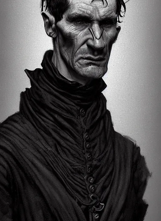 Image similar to portrait of a gaelic man with a crooked nose and a confident expression, 1 9 6 0 s, black clothes, goth, punk, funk, intricate, elegant, highly detailed, digital painting, artstation, concept art, smooth, sharp focus, illustration, art by wlop, mars ravelo and greg rutkowski