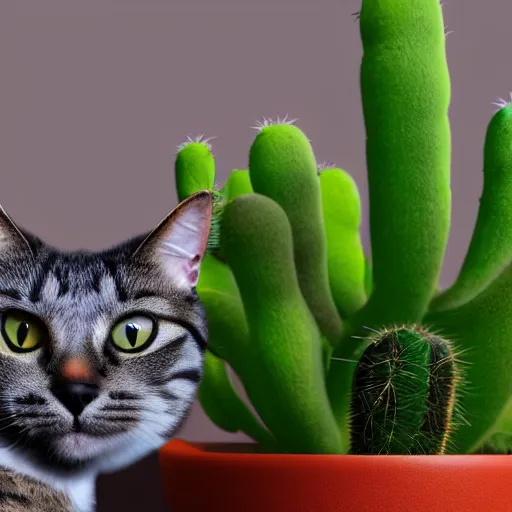 Prompt: A cat with a cactus, hyperrealistic 8K atmospheric render, very detailed