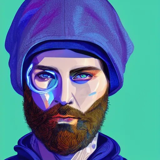 Prompt: a portrait of an ultradetailed futuristic male cyberpunk wearing a hoodie on his head, bearded, deep blue eyes, by dylan kowalski, 8 k, purple neon colours, digital painting, trending on gc society