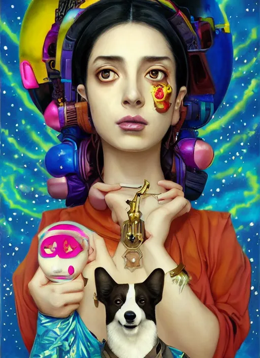 Prompt: beautiful portrait painting of a beautiful attractive lofi middle eastern cyberpunk princess and her corgi assassin king, by Afarin Sajedi, Alessandro Barbucci, Alex Gross, Shin Jeongho, Shohei Otomo. trending on Artstation, 8k, masterpiece, face enhance, graffiti paint, fine detail, full of color, intricate detail, golden ratio illustration