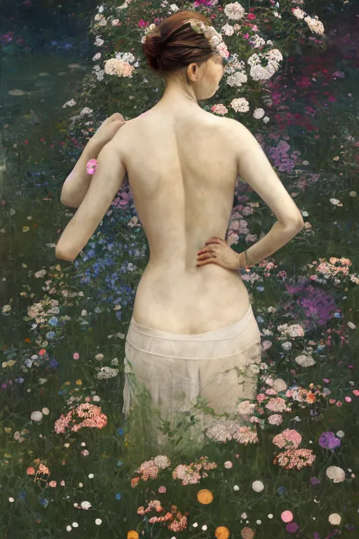 Image similar to beautiful woman with her back turned, in a garden, imperil, beauty portrait by greg rutkowski, hilma af klint, moebius, victo ngai, sharp focus, global illumination, highly detailed, masterpiece, award winning, post processing