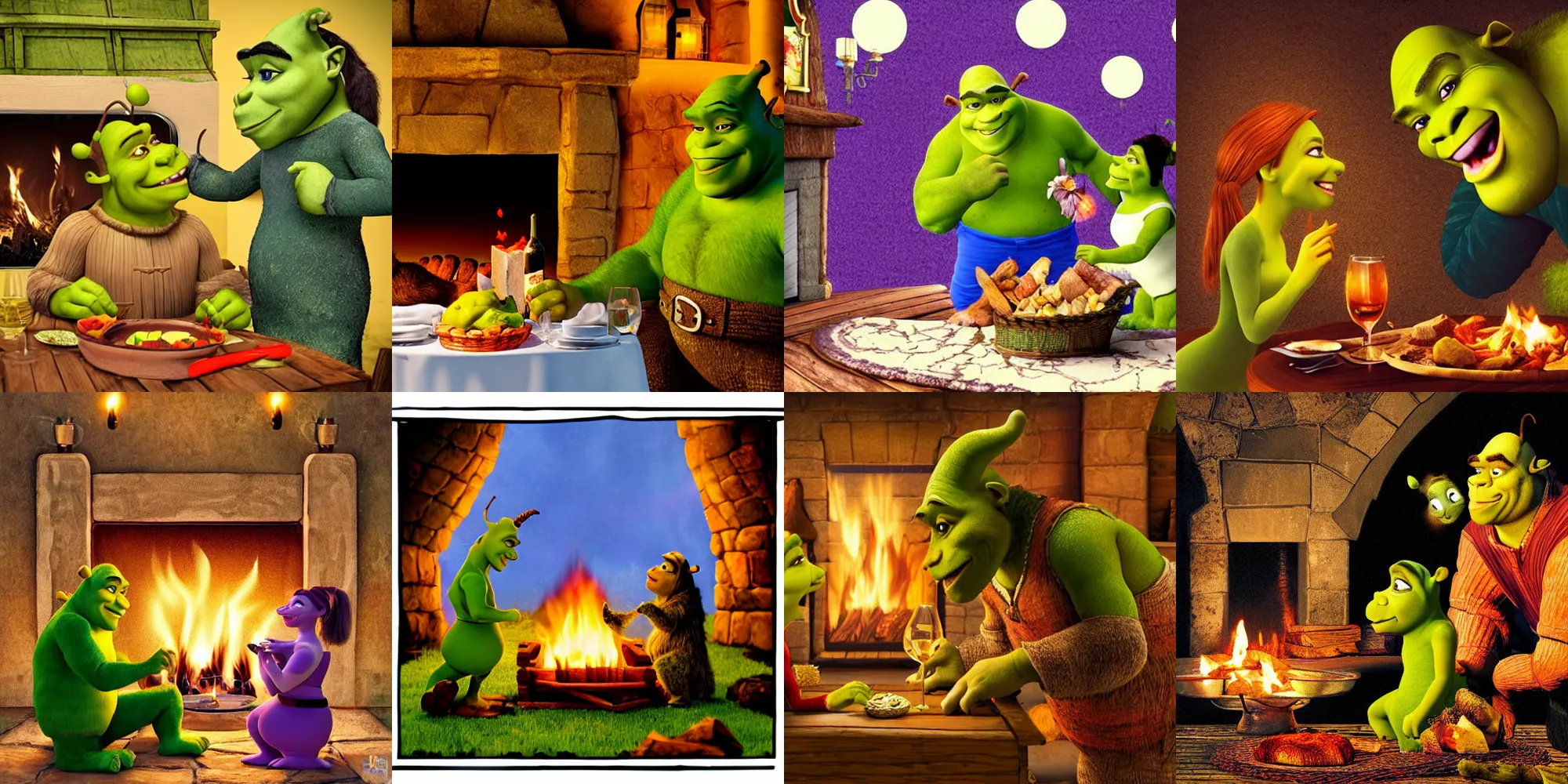 Prompt: shrek and donkey romantic dinner by a fireplace, vibrant, detailed, entrict