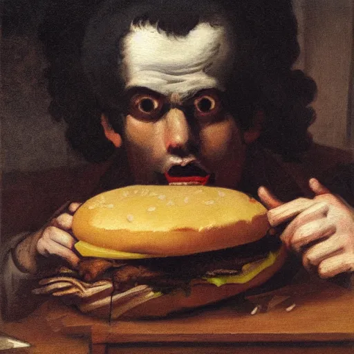 Image similar to painting of a sad man devouring cheeseburger in the style of francisco goya