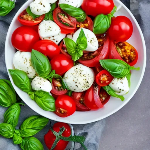 Prompt: basil, spices, tomatoes, and mozzarella salad