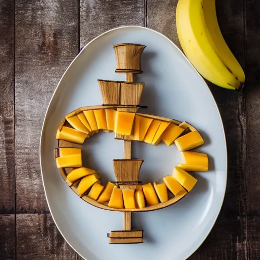Image similar to beautiful photo of a sailing ship made from mango, bananas and apple pieces on a white plate, dslr