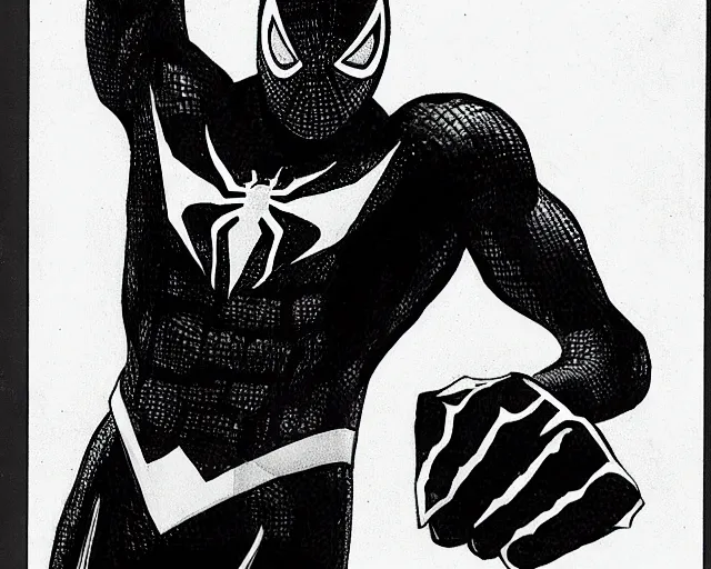 Image similar to photorealistic sketch of black spider - man with gold webbing by steve ditko