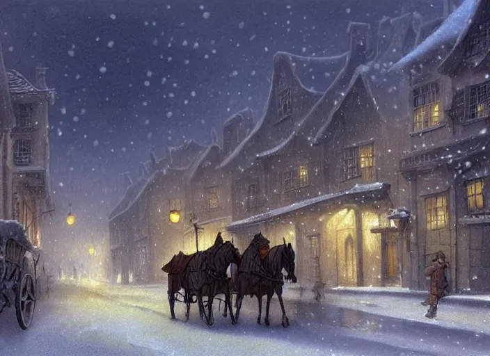 Image similar to a night scene of a snowy town with a horse drawn carriage, a detailed matte painting by anton pieck, deviantart contest winner, fantasy art, concept art, official art, matte drawing