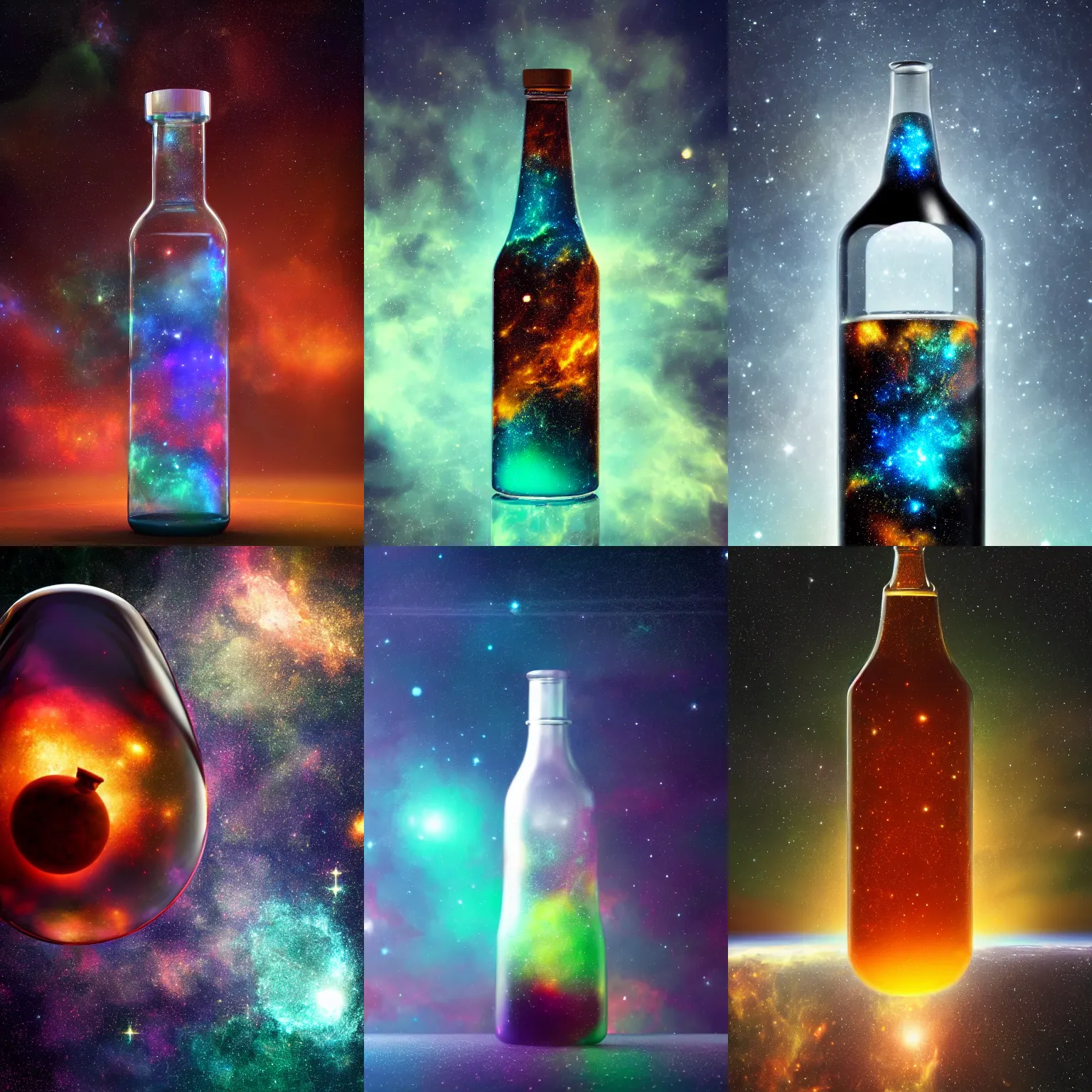 Prompt: universe in a glass bottle, filled with nebula and cosmos, octane render, 8k, extremely detailed