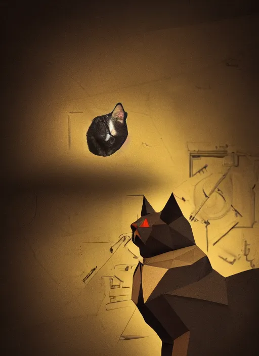 Image similar to a cat inventing a nuclear weapon, low poly, medium shot, low-key lighting, Steampunk style, dreary, gloomy, trending on behance, 4k, Award Winning, Photorealistic, sharp