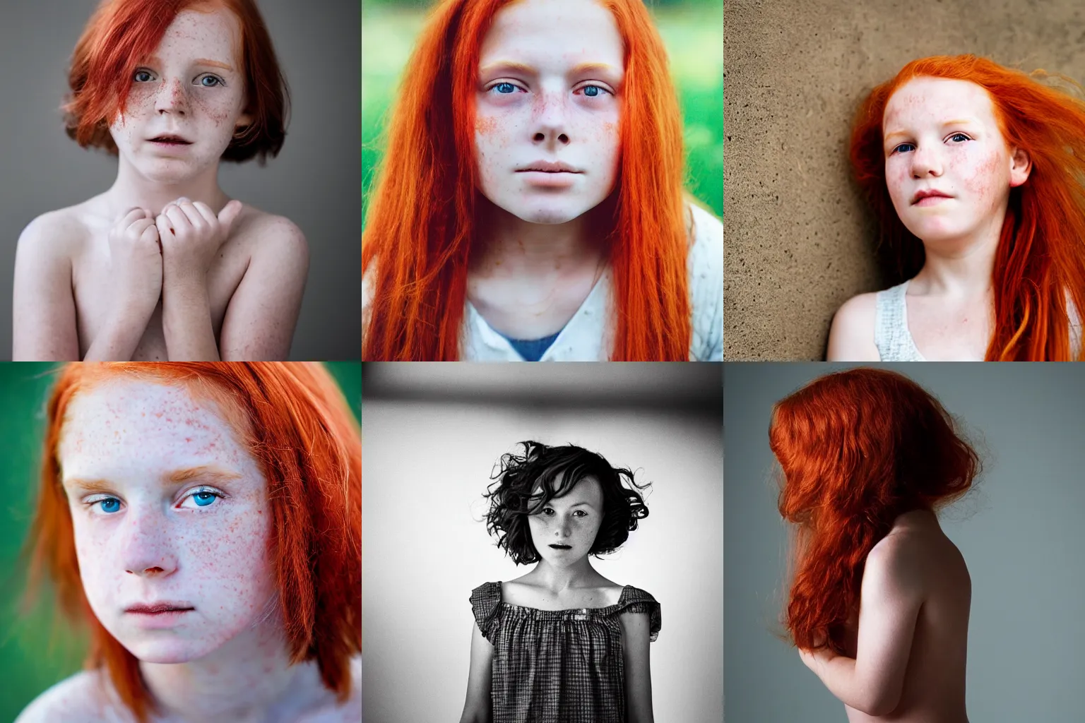 Prompt: Photograph of a 10 year old girl in the style of Annie Leibovitz, red hair, freckles