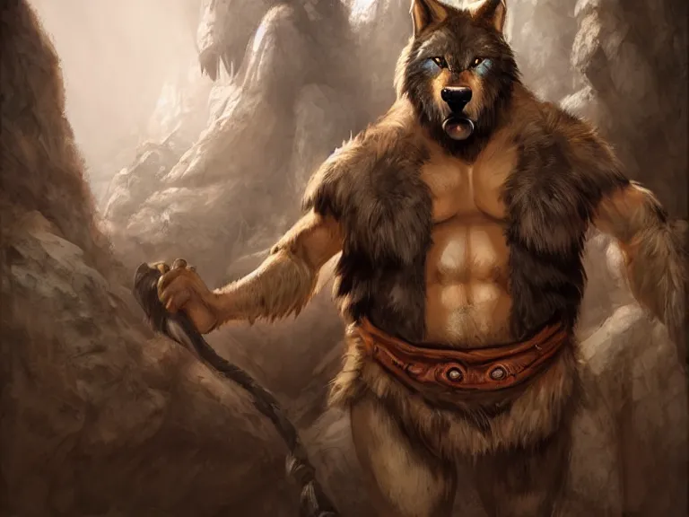 Image similar to burly tough character feature portrait of the anthro male anthropomorphic wolf fursona animal person wearing tribal primitive caveman loincloth outfit belt standing in the entrance to the cave, center framed character design stylized by charlie bowater, ross tran, artgerm, makoto shinkai, detailed, soft lighting, rendered in octane