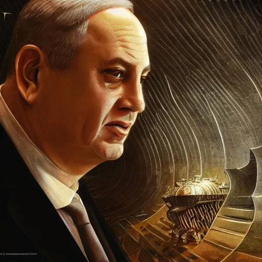 Image similar to benjamin netanyahu as vladimir harkonnen, dune, portrait, intricate, elegant, highly detailed, digital painting, artstation, concept art, wallpaper, smooth, sharp focus, illustration, art by h. r. giger and artgerm and greg rutkowski and alphonse mucha