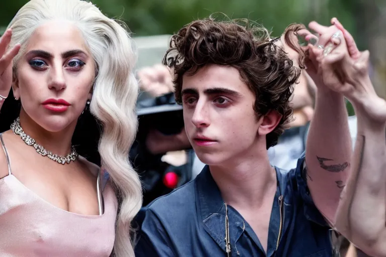 Image similar to lady gaga and timothee chalamet meet, red weapon 8 k s 3 5, cooke anamorphic / i lenses, highly detailed, cinematic lighting