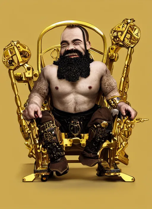 Image similar to dwarf fighter sitting in mechanical spider chair, gold, exquisite details, black beard, white background, by studio muti