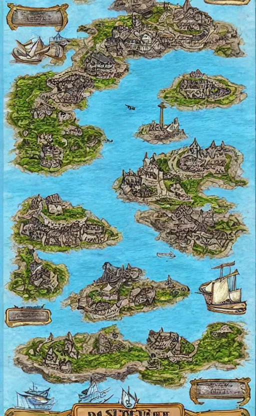 Prompt: dnd shore port town and docks on islands, hand painted and drawn map