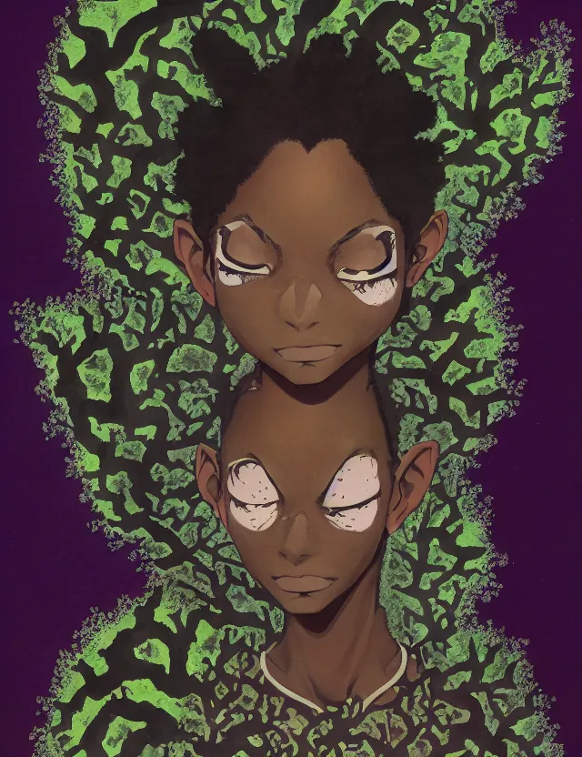 Prompt: black - skinned princess of the lichen woods. this gouache painting by the award - winning mangaka has an interesting color scheme, plenty of details and impeccable lighting.