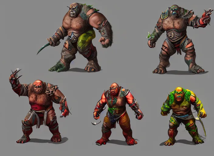 Image similar to three different views of orcs in armour, colourful concept art by senior character artist, trending on artstation, artstation hd, full body, ultra - realistic! intricate!