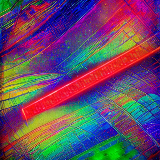 Image similar to render of Neon geometric cubism city street milkyway in metallic light trail light saber galaxies by Okuda San Miguel and kandinsky on a starry black canvas, galaxy gas brushstrokes, metallic flecked paint, metallic flecks, glittering metal paint, metallic paint, glossy flecks of iridescence, glow in the dark, Uv, blacklight, Uv blacklight, colorful, 8k, 4k, brush strokes, painting, highly detailed, iridescent texture, brushed metal