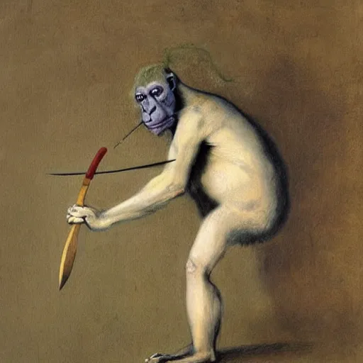 Image similar to Clever monkey with a long knife, very detailed and colorful, by Santiago Caruso, by Odd Nerdrum, by Francisco Goya, beautiful, eerie, surreal, psychedelic