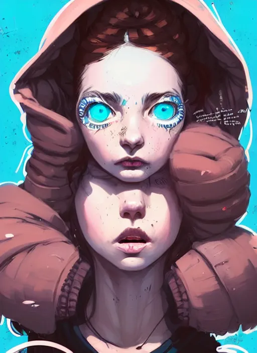 Image similar to highly detailed portrait of a sewer punk lady student, blue eyes, tartan hoody, ringlet hair by atey ghailan, by greg rutkowski, by greg tocchini, by james gilleard, by joe fenton, by kaethe butcher, gradient pink, brown, light blue and white color scheme, grunge aesthetic!!! ( ( graffiti tag wall background ) )