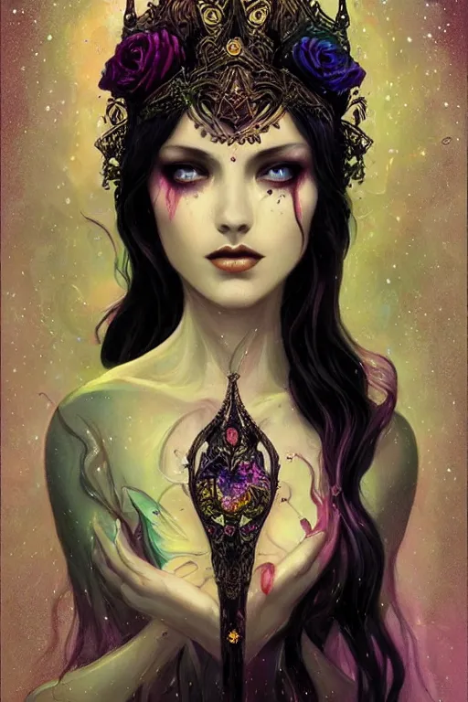 Prompt: jeweled Crown, other worldly, dark fae court, black roses, long black hair, black eyes, vivid colors, art nouveau, by Anato Finnstark, Tom Bagshaw, Brom