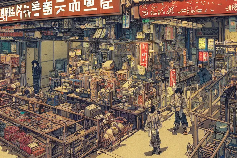 Image similar to cyberpunk japanese merchants in their shop, Industrial Scifi, detailed illustration, character design, intricate, by Martin Grip and Moebius