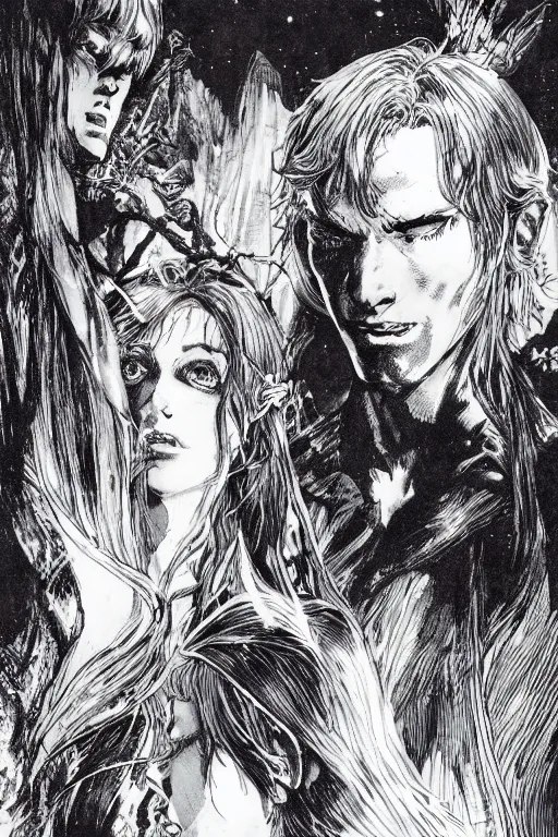 Image similar to merlin and nimue by neal adams and akihiko yoshida