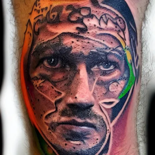 Prompt: portrait photo of man with a face tattoo of a 3 dimensional hole in the skin with multicolored tubes and robotic mechanics inside under the skin, insanely integrate,