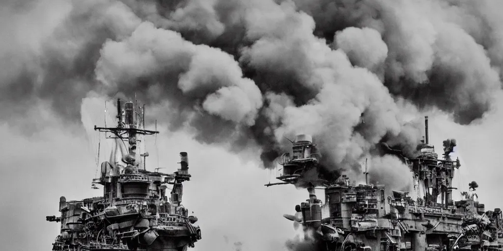 Image similar to steampunk dreadnought battleship on fire, clouds of smoke, full shot, bird's eye view, 120 black and white film